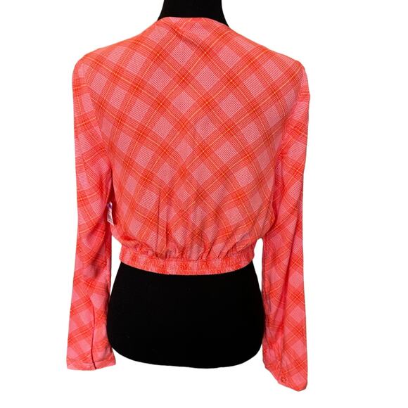 New BP. BP NORDSTROM ~ Pink-/Red Ian Bias Plaid Surplice V-neck Crop Top Size S - Picture 5 of 8